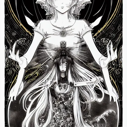 Image similar to precisely drawn illustration of anime spooky high priestess of an earth goddess, old-fashioned tarot card, victorian playing card, sepia tone, wide angle, sharp, fine details, anime, manga, cyberpunk, intense line art, 8k, precise linework, realistic, shaded lighting by katsuhiro otomo ghost-in-the-shell, magali villeneuve, artgerm, rutkowski Jeremy Lipkin and Giuseppe Dangelico Pino and Michael Garmash and Rob Rey