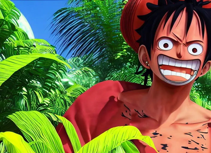 Prompt: a cg render of a colorful luffy in a noir galactic jungle, 8 k, unreal engine, detailed, hyperrealistic, octane