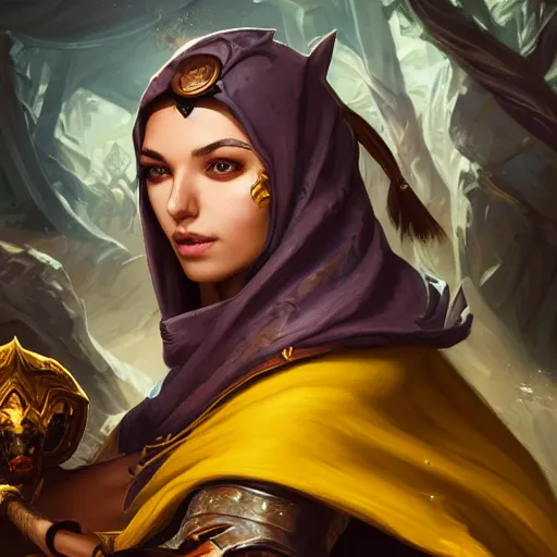 Prompt: portrait of woman sorceress wearing a young arabian nomad half wolf, with yellow cloths, league of legends splash art, hearthstone splash art, full body shot, rule of thirds, ultrafine hyperrealistic detailed face, artgerm, greg rutkowski, trending on artstation, 8 k, intricately detailed, highly detailed