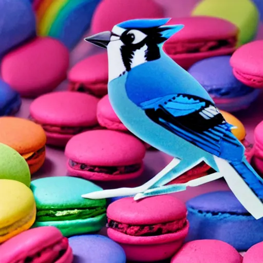 Image similar to A photograph of a (photorealistic blue jay) standing on a large basket of rainbow macarons.