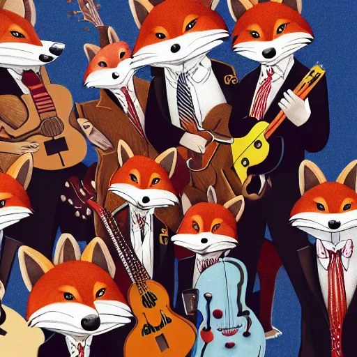 Image similar to music album cover, with anthropomorphic foxes animals dressed in suits, holding guitars, on a beach, all looking at camera, studio lighting, 8 5 mm f / 1. 4