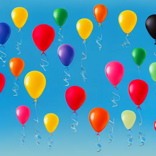 Prompt: a lot of birthday balloons with smiley faces floating in the clouds