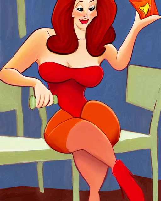 Prompt: Jessica Rabbit eating a bag of Doritos, sitting on a chair, stylized oil painting, traditional animation portrait