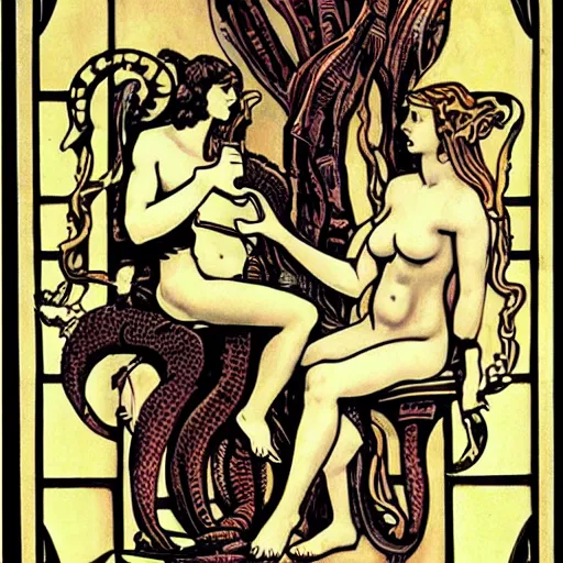 Prompt: Adam and Eve playing chess, while the serpent watches. Art nouveau