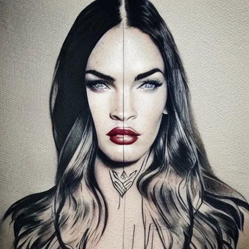 Image similar to megan fox as beautiful mountains, double exposure effect, medium sized tattoo sketch, amazing detail, trending on pinterest, in the style of tim tadder