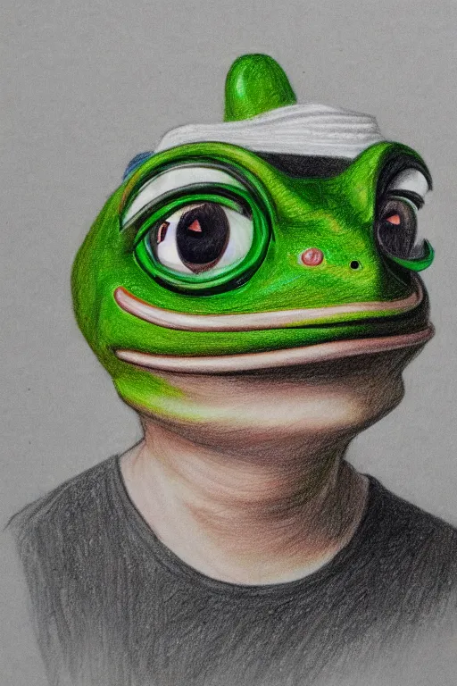 Image similar to portrait drawing of pepe the frog, ultra detailed highly realistic, trending on artstation, rule of thirds, extreme high detail, soft lighting, rim light, volumetric lighting and effects,