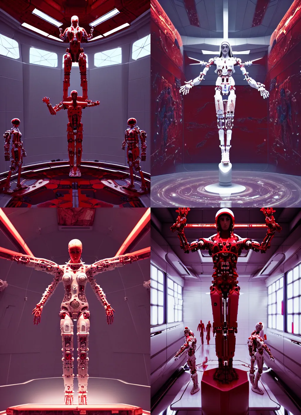 Prompt: , high detailed space station interior, a statue jesus on cross made of red marble, perfect symmetrical body, full body shot, white biomechanical, wearing epic bionic cyborg implants, masterpiece, intricate, biopunk, vogue, highly detailed, artstation, concept art, background galaxy, cyberpunk, octane render