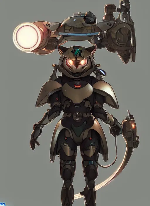 Prompt: a cute caracal, anime art style, wearing futuristic, led - lit armor, and a cannon mounted on his back, portrait, high detail, sharp focus, digital painting, artstation, concept art, art by hayao miyazaki and artgerm and greg rutkowski and alphonse mucha.