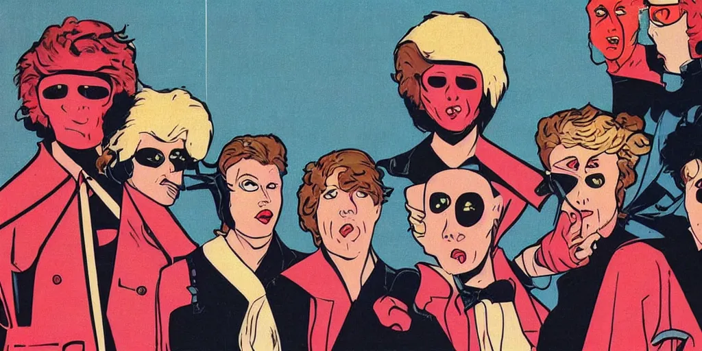 Prompt: cyclops 1980s pop band, 1980s surrealism aesthetic, detailed facial expressions