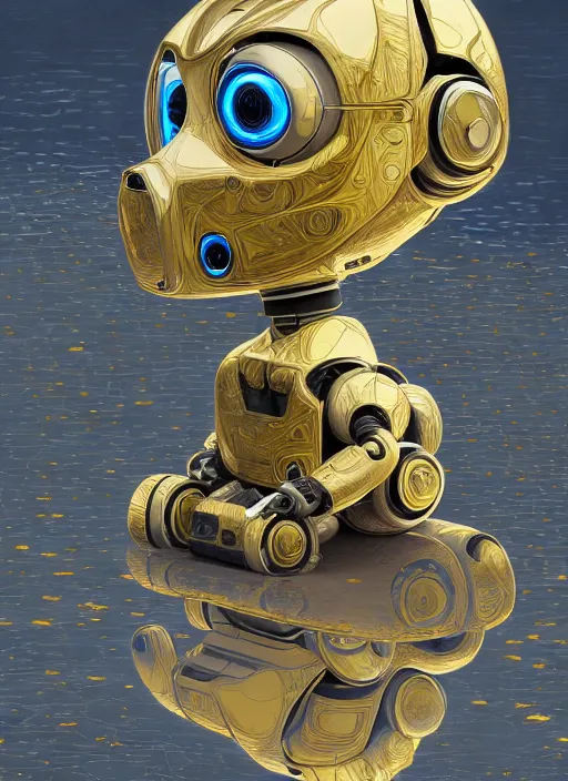 Image similar to a very detailed robot, bent over the reflection in a puddle, highly detailed, manga, perfectly face, highly detailed, masterpiece, artstation, golden ratio, soft light, perfect intricate highly detailed, detailed, painting by jemes jean, digital lines, 8 k