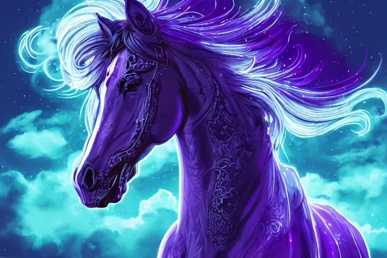 Image similar to a stunning horse with bioluminescent mane and tail jumping in the clouds by sandra chevrier and greg rutkowski, purple blue color scheme, celtic neon runes, vaporware, retro, outrun, high key lighting, volumetric light, digital art, highly detailed, fine detail, intricate, ornate, complex, octane render, unreal engine, photorealistic