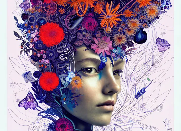 Image similar to a painting of a beautiful cyborg girl with a lot of flowers and blueberries and exotic plants on its head, poster art by android jones, behance contest winner, generative line art, made of flowers, grotesque, concert poster