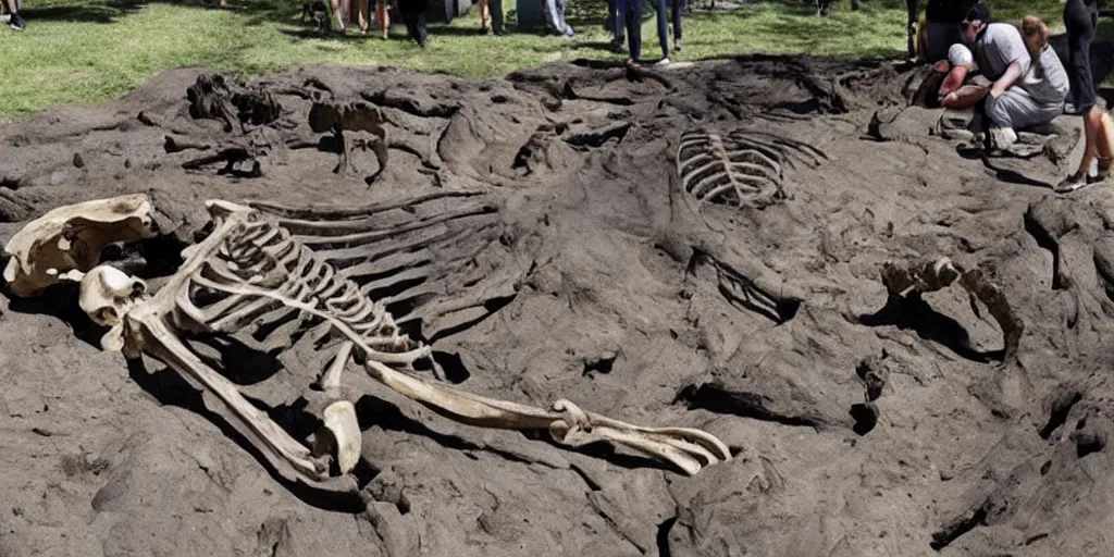 Prompt: giant human skeleton 2 0 feet tall discovered in the labrea tar pits in los angeles, on display media event, amazing, in the style of a news report