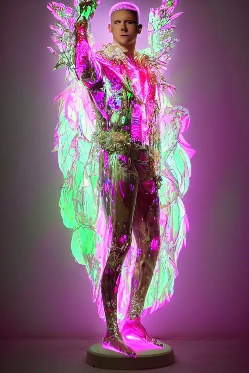 Image similar to full-body rococo and cyberpunk delicate neon crystalline sculpture of ((muscular albino prince Nick Jonas)) as an iridescent humanoid deity wearing a thin see-through ((plastic hooded cloak)) sim roupa (holding a human skull), reclining con (((las piernas abiertas))), glowing pink face, crown of (white lasers), large diamonds, swirling black silk fabric. futuristic elements. oozing glowing liquid, full-length view. space robots. intricate artwork by caravaggio. Trending on artstation, octane render, cinematic lighting from the right, hyper realism, octane render, 8k, depth of field, 3D