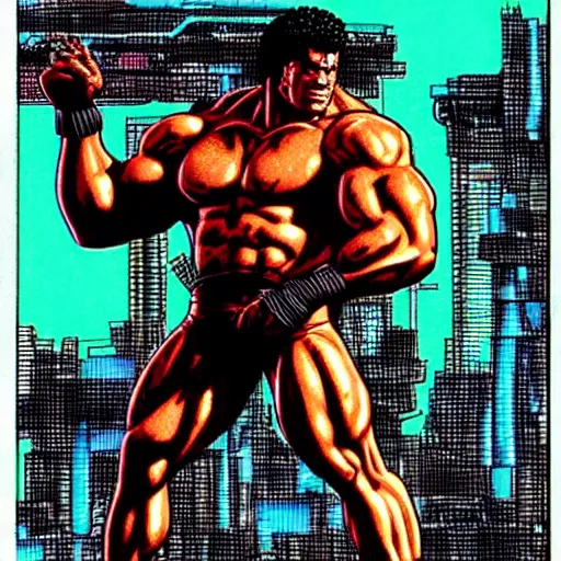 Image similar to lou ferrigno cyberpunk hercules by otomo