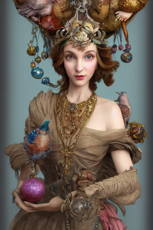 Prompt: face closeup, 3 d render of english princess holding birds, ornaments, background ornaments, mucha vibe, dieselpunk, solarpunk, artstation