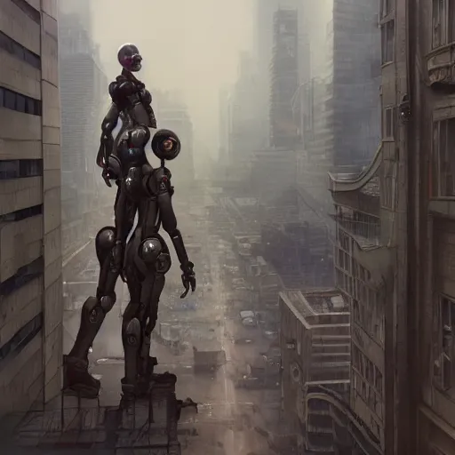 Prompt: two robots standing on a building, apocalyptic, apocalyptic city, gloomy, 8 k, octane render, ultra detailed, art by artgerm and greg rutkowski and alphonse mucha, artstation