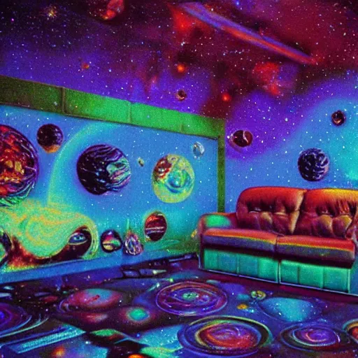 Image similar to psychedelic trippy couch in space, planets, milky way, sofa, rob zombie, arnold fischer, croissant, 1 9 9 0 grunge basement, richard parker, extremely toxic, forensic files, crazy trippy, bad trip, train with couch, chesterfield, old couch, rickety couch, stained couch