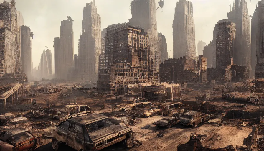 Image similar to New York City ruins in Mad Max, hyperdetailed, artstation, cgsociety, 8k