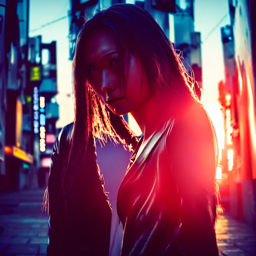 Image similar to a photo close up cyberpunk action pose woman standing in a cyberpunk hiroshima, prefecture streets, sunset, photorealistic, cinematic lighting, highly detailed, bokeh, style by tomino - sama