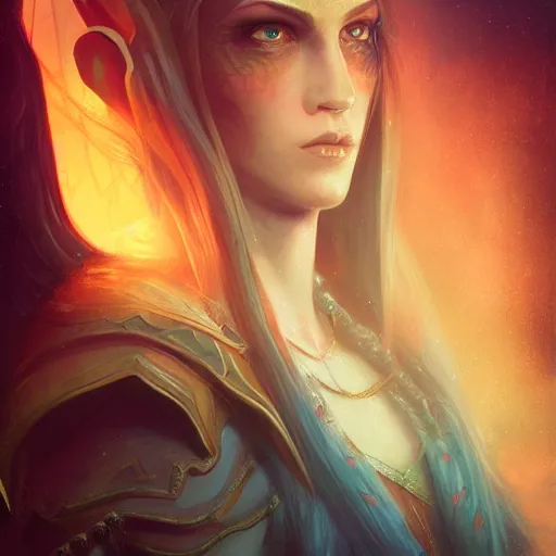 Image similar to Fantasy regal high elf portrait, atmospheric lighting, painted, intricate, volumetric lighting, beautiful, rich deep colors masterpiece, golden hour, sharp focus, ultra detailed, by Leesha Hannigan, Ross Tran, Thierry Doizon, Kai Carpenter, Ignacio Fernández Ríos