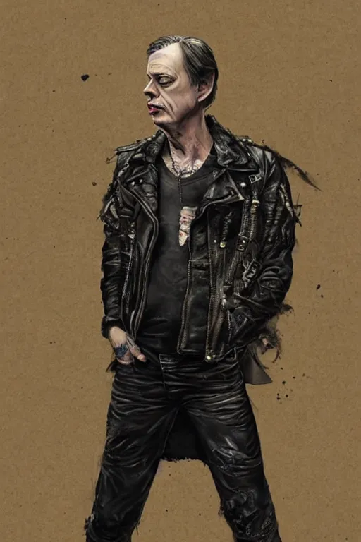 Image similar to Steve buscemi as a young man, shaved head, punk, tattered leather coat, intricate, elegant, dramatic lighting, highly detailed, lifelike, photorealistic, digital painting, artstation, illustration, concept art, smooth, sharp focus, art by John Collier and Albert Aublet and Krenz Cushart and Artem Demura and Alphonse Mucha