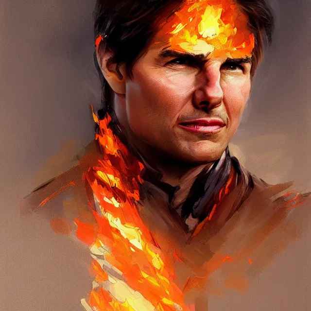 Image similar to Tom Cruise as a firebender, portrait, elegant, intricate, digital painting, artstation, concept art, smooth, sharp focus, illustration, art by konstantin korovin and Daniel F. Gerhartz and john howe