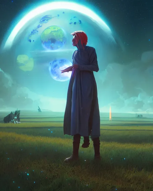 Image similar to highly detailed surreal vfx portrait of a futuristic mage in a rural farm with planets in background, stephen bliss, unreal engine, greg rutkowski, loish, rhads, beeple, makoto shinkai and lois van baarle, ilya kuvshinov, rossdraws, tom bagshaw, alphonse mucha, global illumination, detailed and intricate environment