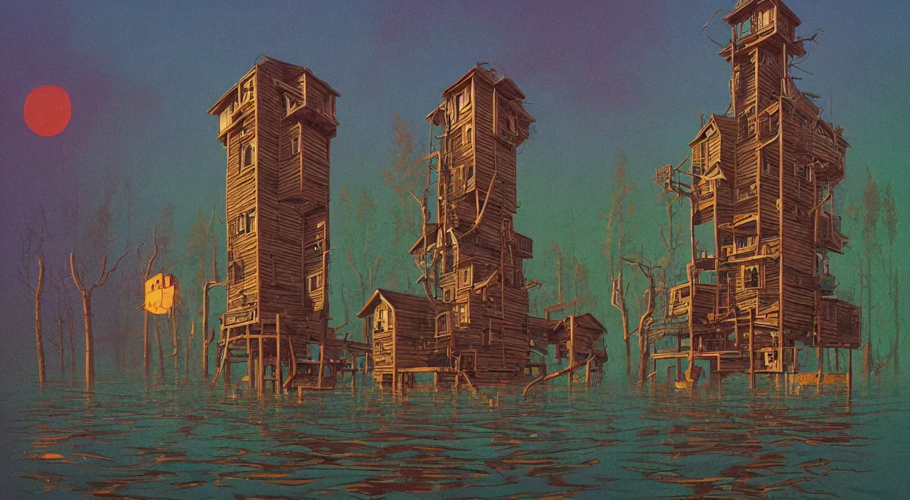 Prompt: single flooded simple wooden tower, very coherent and colorful high contrast ultradetailed photorealistic masterpiece by casey weldon simon stalenhag, dark shadows, sunny day, hard lighting
