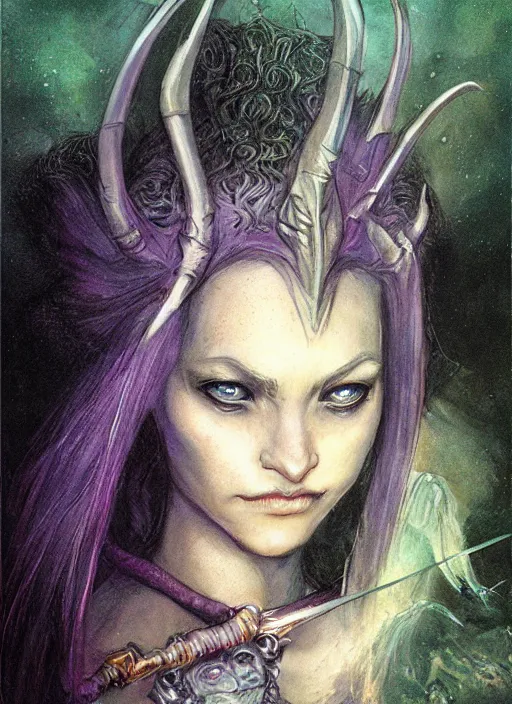 Image similar to portrait of young female sorceress of the endtimes, beautiful! coherent! dungeons and dragons character, by brian froud, strong line, night color, high contrast