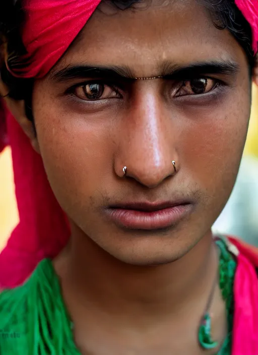 Image similar to color portrait Mid-shot of an beautiful 20-year-old Indian woman, street portrait in the style of Steve McCurry award winning