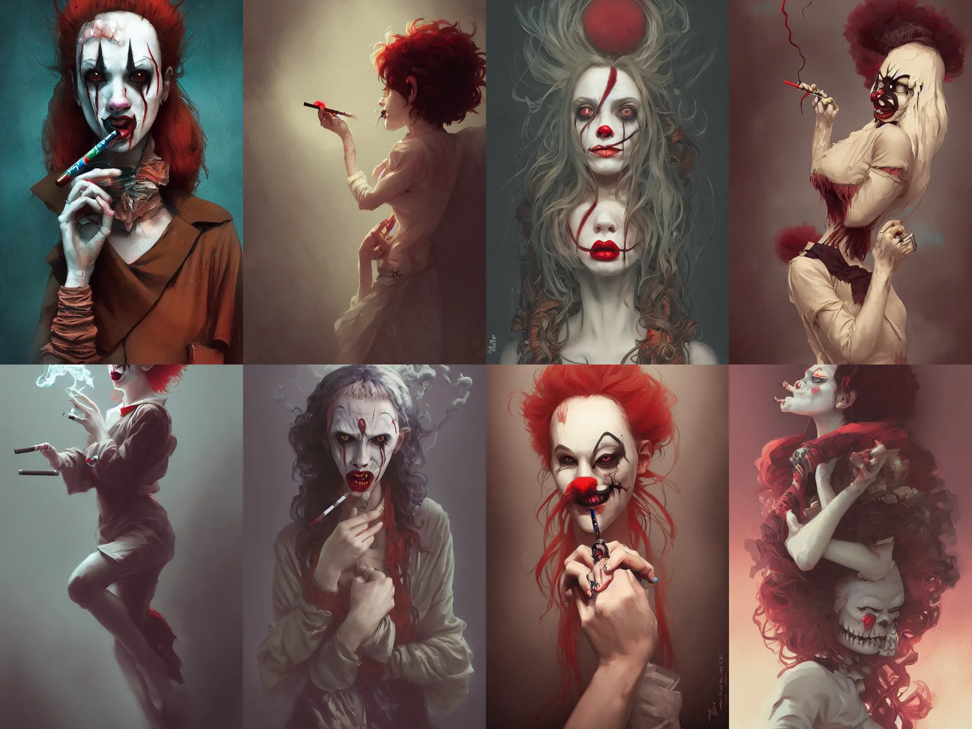 Prompt: horror creepy clown girl smoking a cigarette, highly detailed, digital painting, artstation, concept art, smooth, sharp focus, illustration, art by artgerm and greg rutkowski and alphonse mucha and loish and WLOP, dark atmosphere