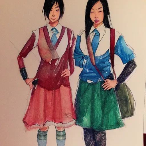 Prompt: a perfect, realistic professional concept sketch of two Japanese schoolgirls posing, in style of Marvel, full length, by pen and watercolor, by a professional American senior artist on ArtStation, a high-quality hollywood-style sketch, on high-quality paper