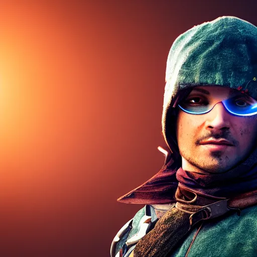 Prompt: photo of a cyberpunk robin hood warrior, highly detailed, 4k, HDR, award-winning photo