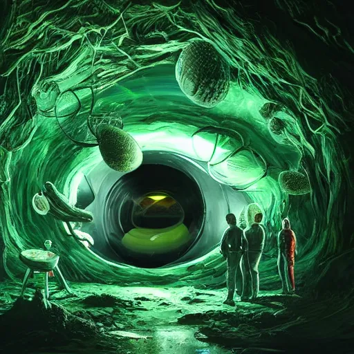 Image similar to a crew of space explorers enter inside a alien nest full of hatching eggs, dark cave, green bioluminescent light, futuristic, realistic, highly detailed, real picture