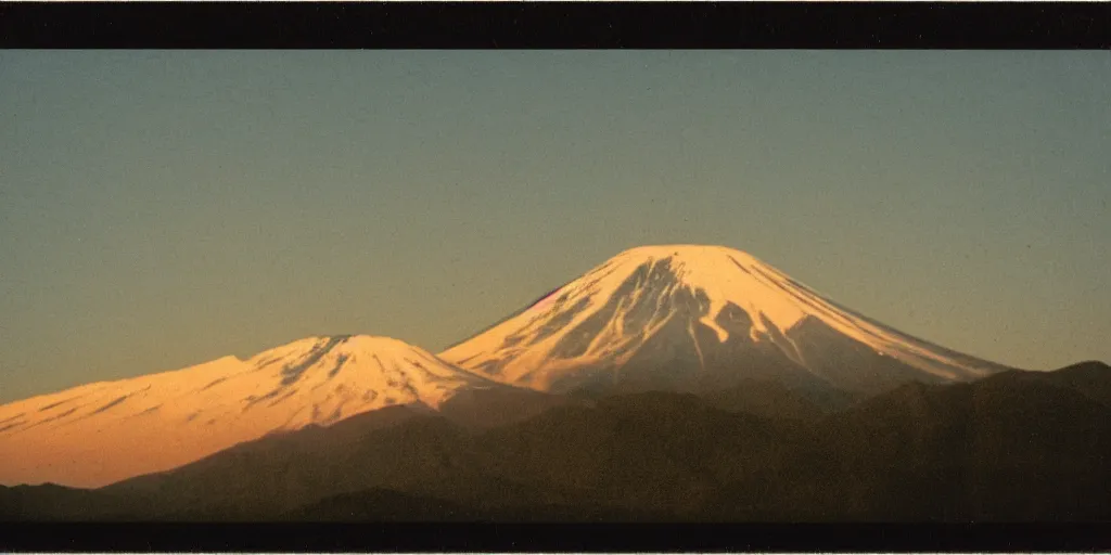 Image similar to a grainy polaroid photograph of the mont fuji at the golden hour