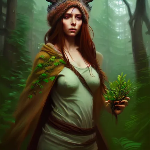 Image similar to a pretty female druid surrounded by forest animals, digital painting, photorealistic, in the style of greg rutkowski, highly detailed, realistic