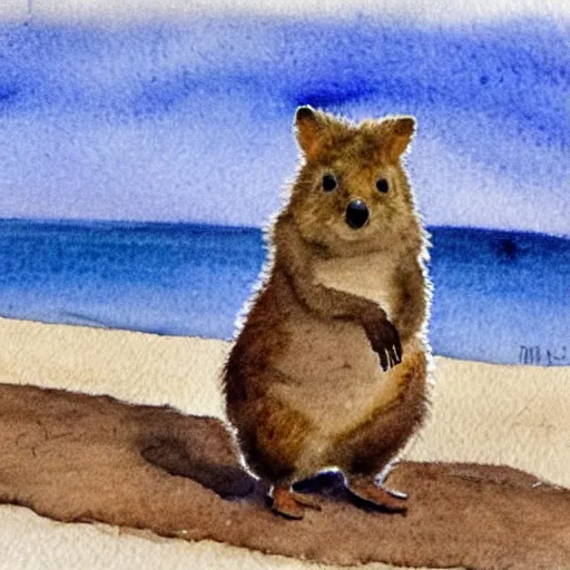 Image similar to a quokka using a metal detector on the beach, realistic watercolour