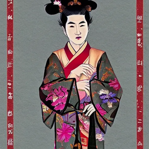 Image similar to urban fantasy realistic character portrait of the androgynous japanese Kami of hospitality, wearing a silk kimono richly decorated with patterns of flying cranes