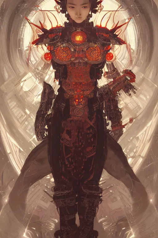 Image similar to asura from chinese myth, ghost, mecha, symmetrical. sci - fi, tech wear, glowing lights, intricate, elegant, highly detailed, digital painting, highly detailed, digital painting, artstation, concept art, smooth, sharp focus, illustration, art by artgerm and greg rutkowski and alphonse mucha