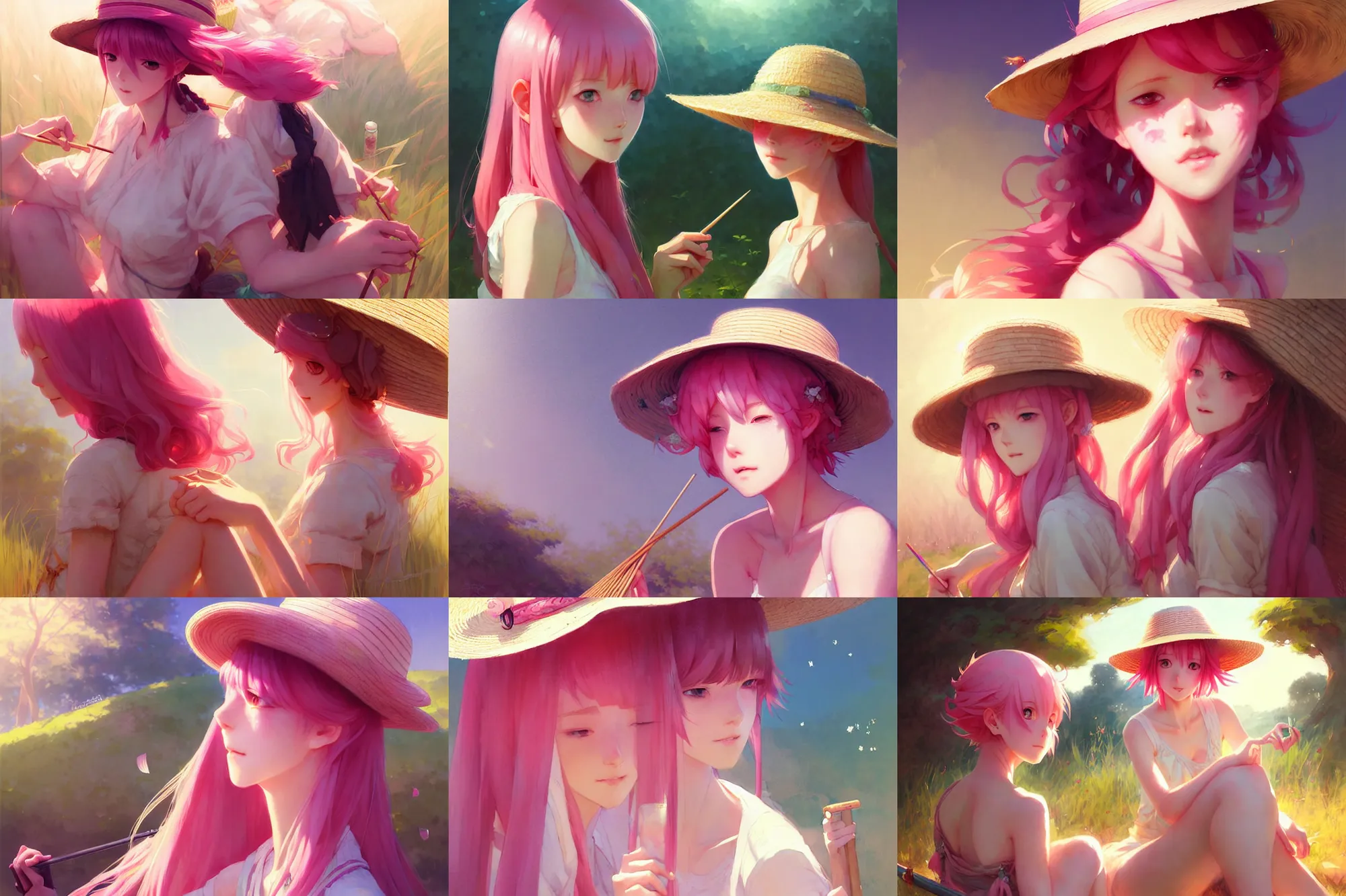 Prompt: portrait of a beautiful girl with pink hair with straw hat camping, illustration, top lighting, perfect shadow, soft painting, leaning towards watercolor, art by hidari and krenz cushart and wenjun lin and akihiko yoshida and caidychen and wlop and artgerm