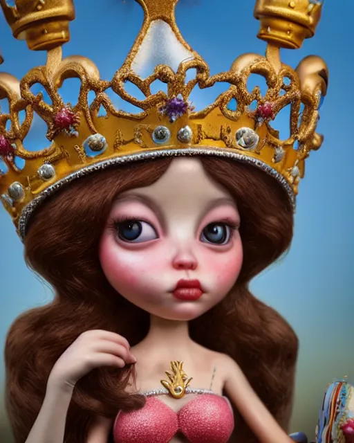 Image similar to highly detailed closeup, face profile portrait of a tin toy fairytale princess wearing a crown eating cakes, bikini, unreal engine, nicoletta ceccoli, mark ryden, earl norem, lostfish, global illumination, detailed and intricate environment