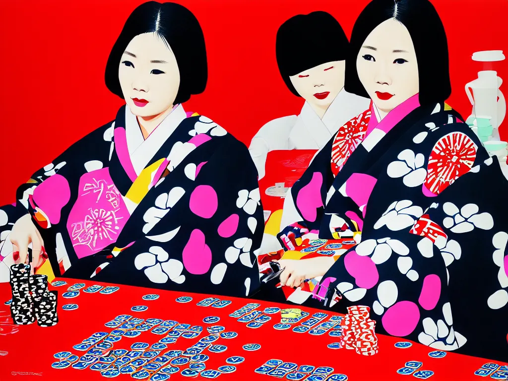 Image similar to hyperrealistim composition of the detailed single woman in a japanese kimono sitting at a extremely detailed poker table with darth vader, fireworks, river on the background, pop - art style, jacky tsai style, andy warhol style, acrylic on canvas