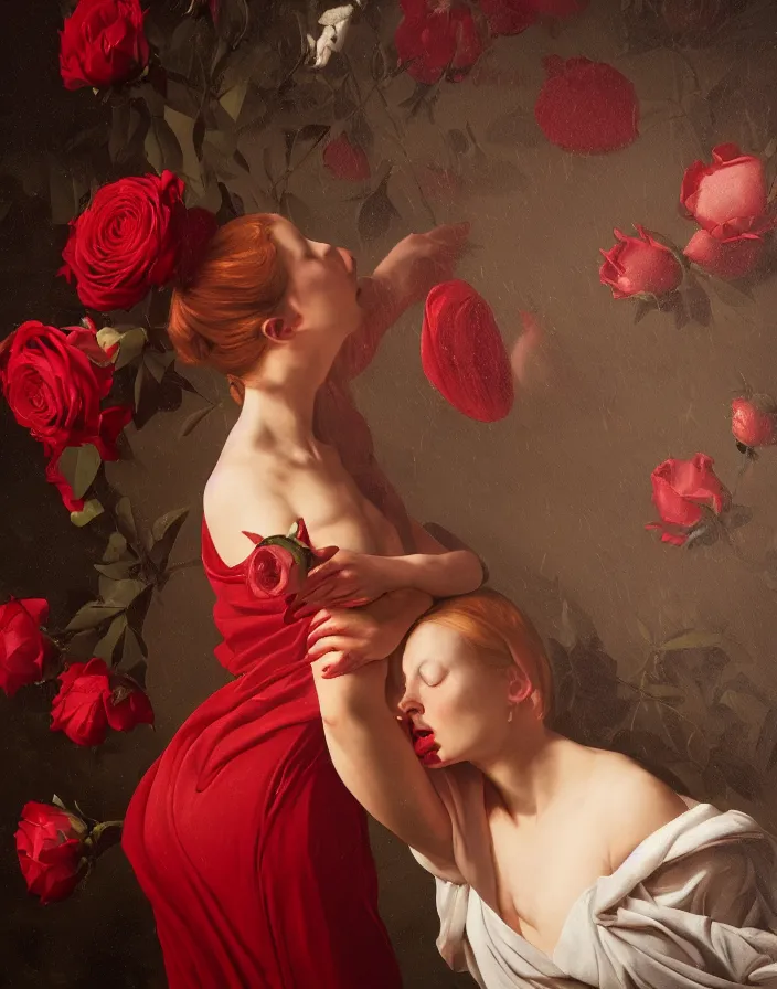 Prompt: a pool of liquid boiling red wax and woman dressed in a red puffy dress, many white birds and roses fly around, a dark background, wide angle, epic, oil painting in a renaissance style , very detailed, painted by Caravaggio, halo, octane render, cinematic, hyper realism, octane render, 8k, depth of field, bokeh. iridescent accents. vibrant. teal and gold and red colour scheme