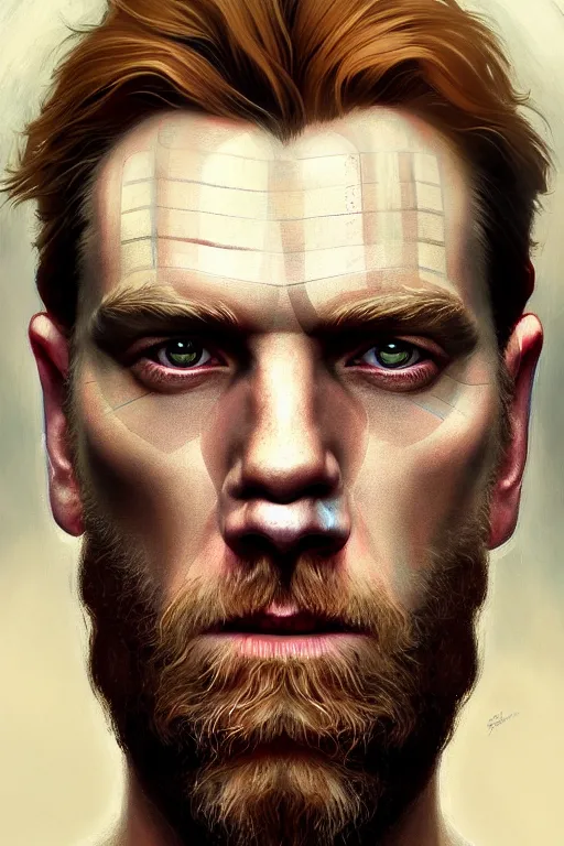 Image similar to symmetry!! portrait of willem ewan mcgregor in the style of god of war, machine parts embedded into face, intricate, elegant, highly detailed, digital painting, artstation, concept art, smooth, sharp focus, illustration, art by artgerm and greg rutkowski and alphonse mucha, 8 k