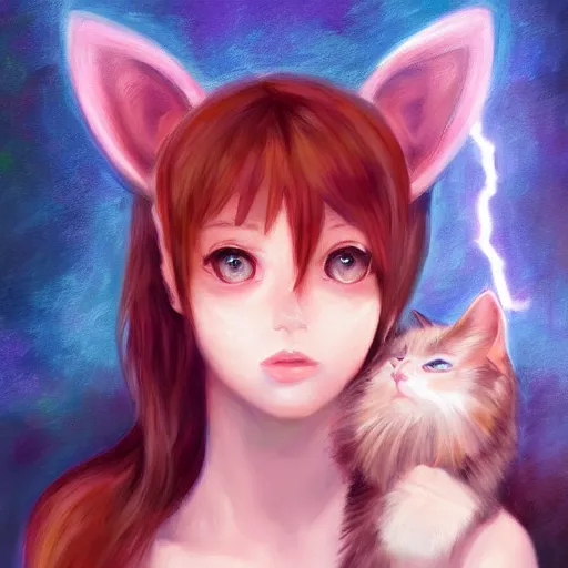 Prompt: Girl with cat ears painting, expressive oil painting, matte art, digital art, trending on artstation, anime style, beautiful lightning, atmospheric