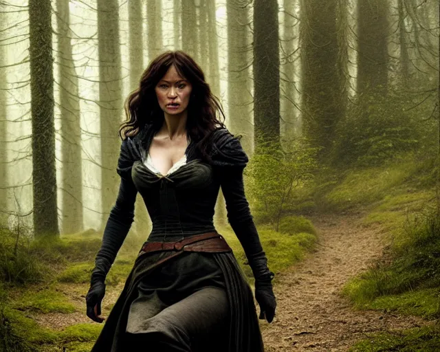 Image similar to 5 5 mm portrait photo of olga kurylenko as real life tough looking yennefer of vengerberg in black leader armor, in a forest. magical atmosphere. art by greg rutkowski. highly detailed 8 k. intricate. lifelike. soft light. nikon d 8 5 0.