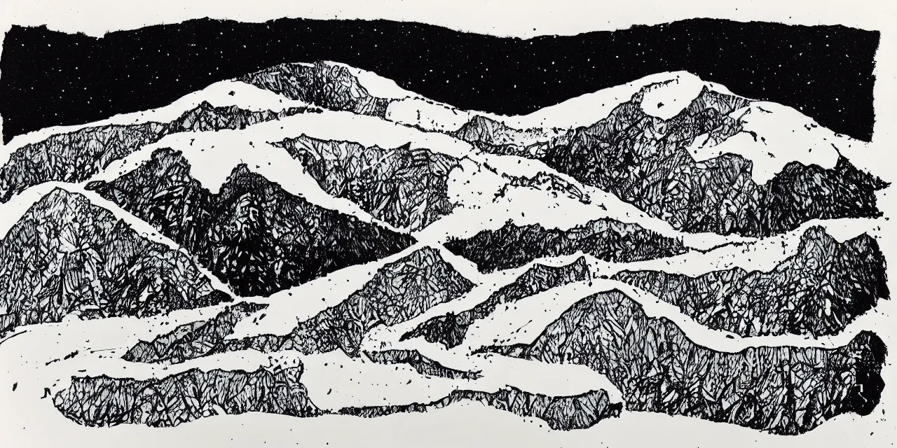 Image similar to laurentian appalachian mountains during winter, original and creative black ink landscape artwork.