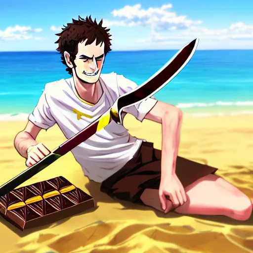 Prompt: andy murray eating chocolate on the beach, sunshine, illustration, style of sword art online, trending on artstation