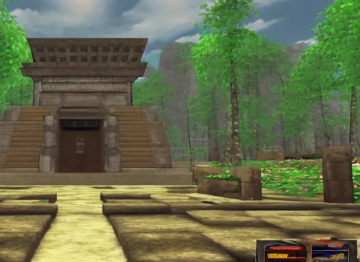 Image similar to a lonely temple next to an ancient city. screenshot of ocarina of time. nintendo 6 4 ( 1 9 9 6 )